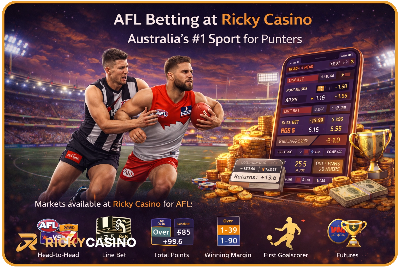 AFL betting at Ricky Casino Australia — head-to-head, line betting, player disposals and AFL Grand Final futures markets for Australian punters