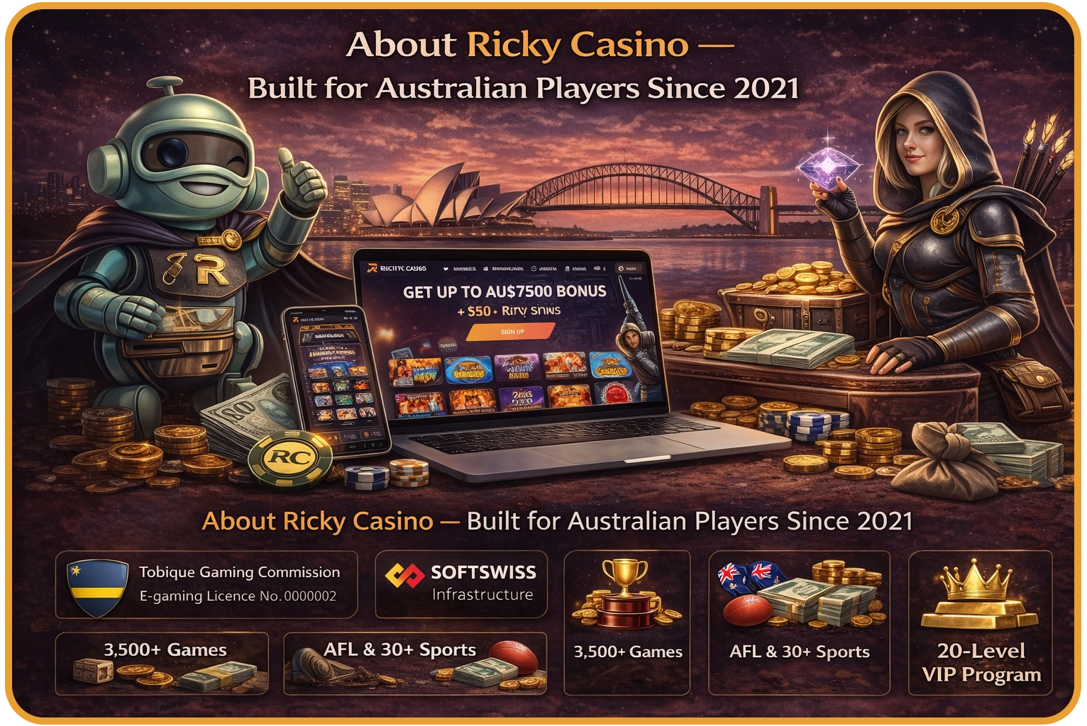 Online casino for Australian players — 3500+ pokies, live dealer, sports betting on AFL and NRL, AUD payments and 20-level VIP program since 2021