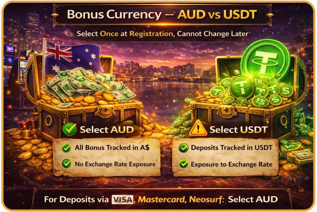 Ricky Casino welcome bonus currency selection — AUD or USDT at registration, comparison for Australian players