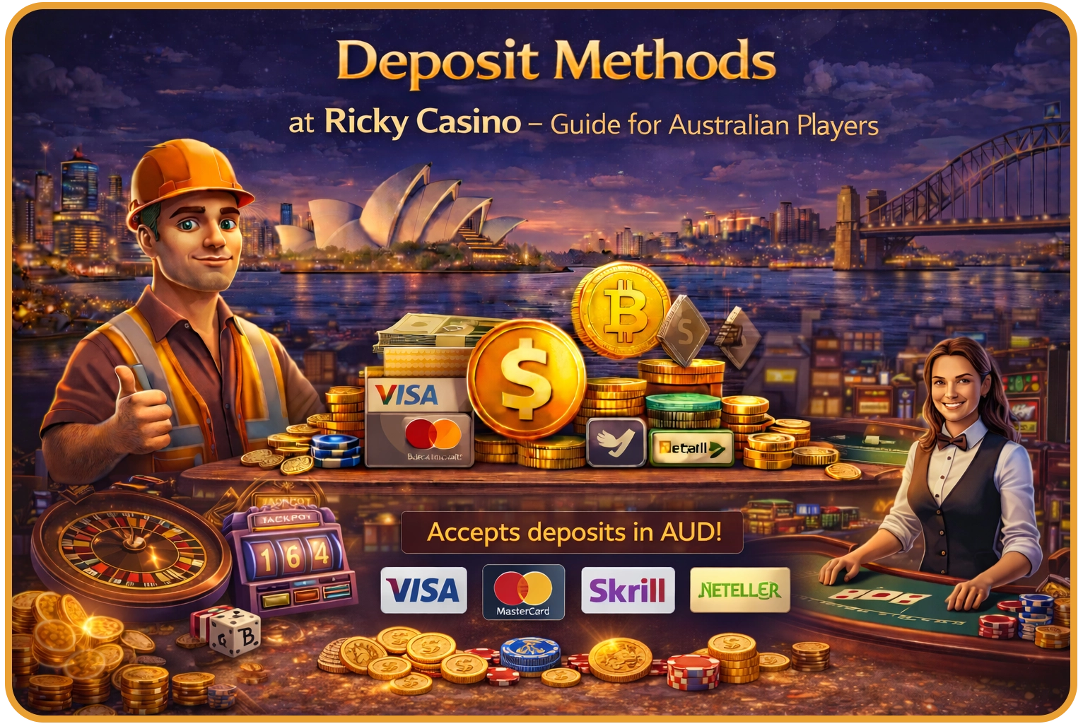 Deposit methods at Ricky Casino Australia — credit card, MiFinity, CashToCode and crypto deposits in AUD with no fees