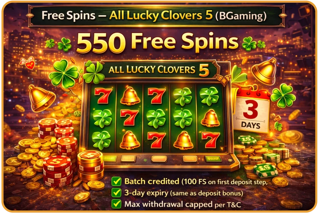 All Lucky Clovers 5 by BGaming — the only eligible pokie for all 550 free spins in the Ricky Casino welcome package