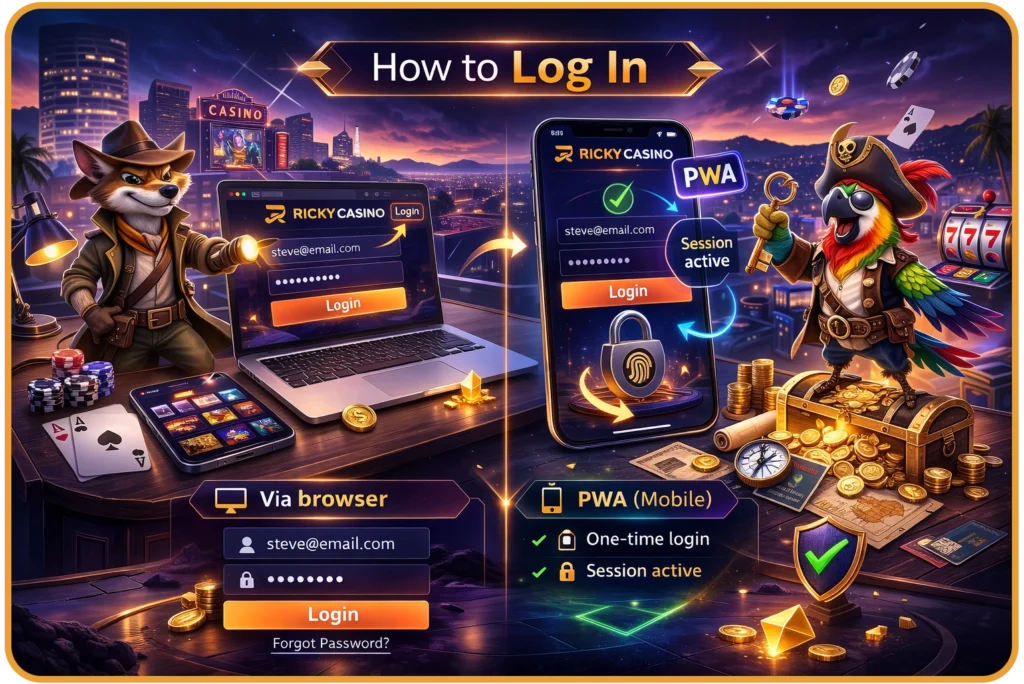 Ricky Casino login screen — email and password entry on desktop and mobile browser