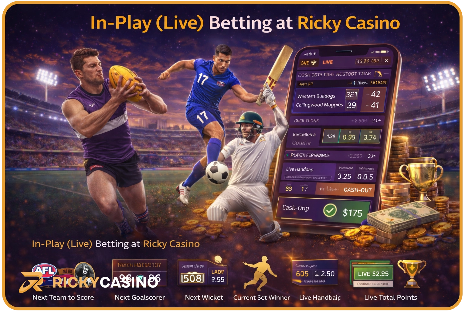 Ricky Casino in-play live betting Australia — real-time AFL, NRL and cricket markets with live odds updates, cash-out option and bet slip for Australian punters