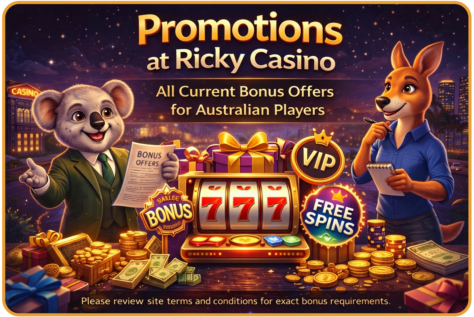 Promotions at Ricky Casino — all current bonus offers for Australian players including weekly reloads, free spins and VIP bonuses