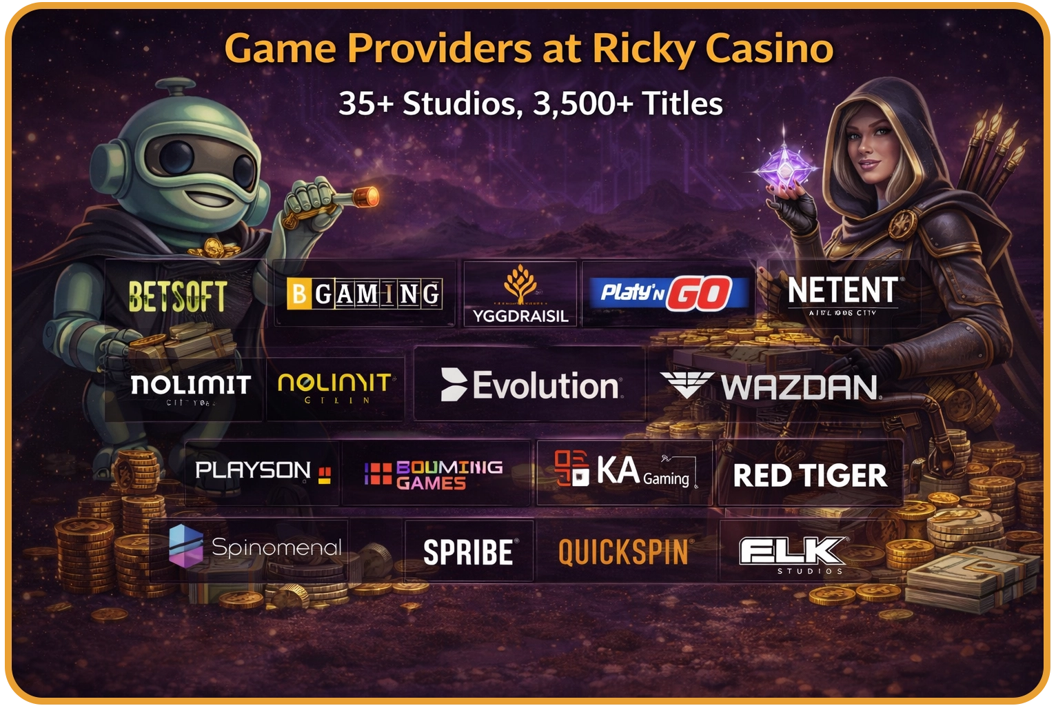 Ricky Casino game providers Australia — BGaming, NetEnt, Play'n GO, Yggdrasil, Spribe and 35+ certified studios powering 3500+ pokies and crash games for Australian players