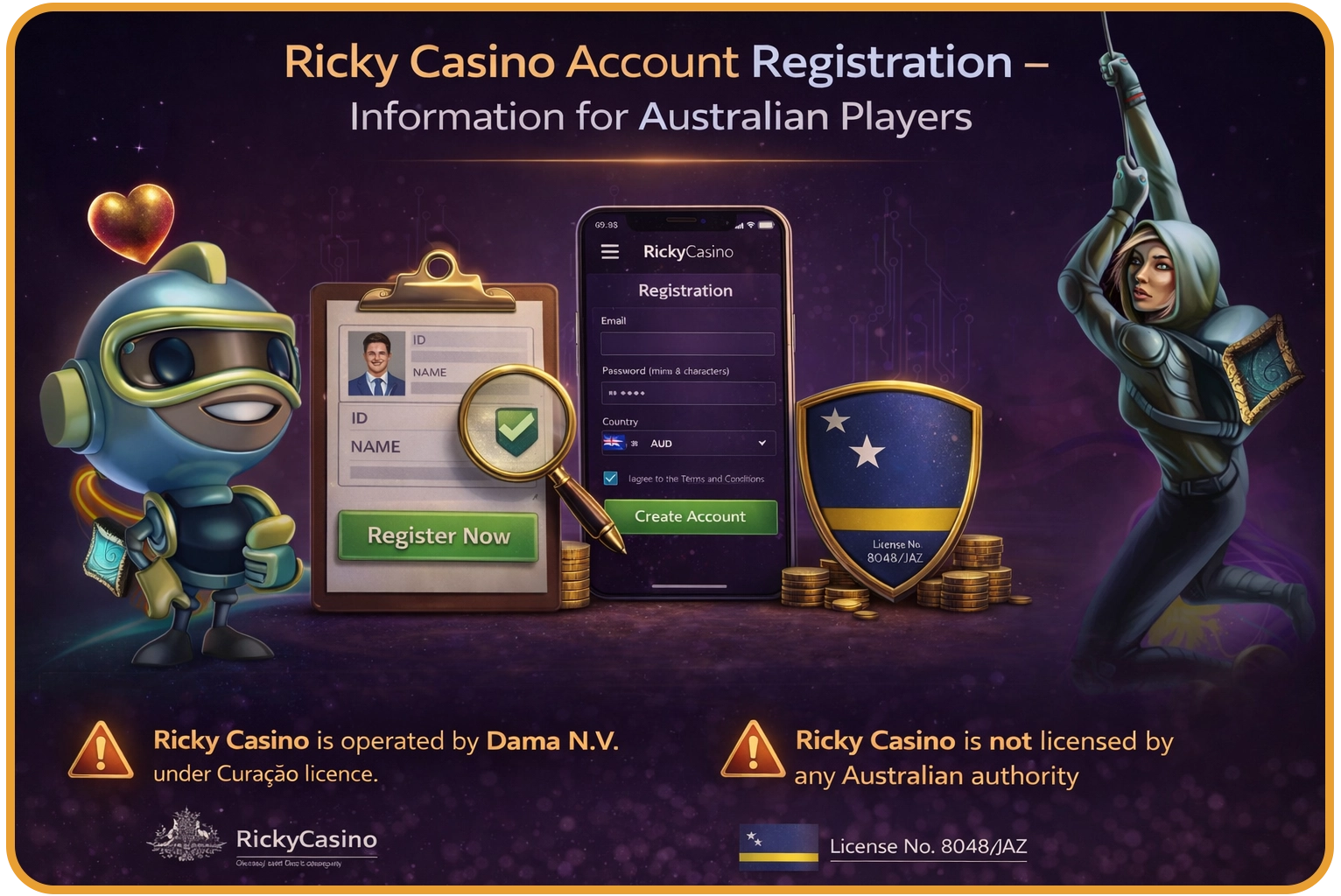 Ricky Casino account registration page — platform information for Australian players, operated under Curaçao licence 8048/JAZ