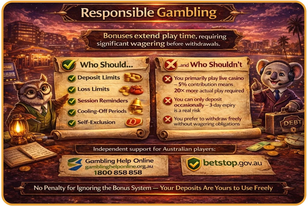 Responsible gambling tools for Ricky Casino bonus players — deposit limits, wagering awareness and BetStop self-exclusion