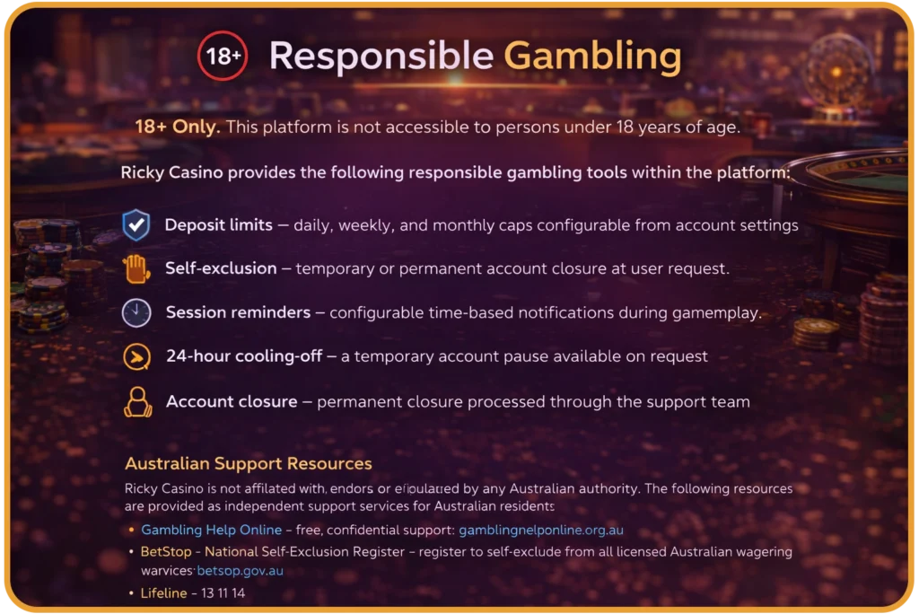 Responsible Gambling tools interface at Ricky Casino