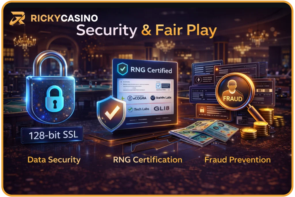 Ricky Casino security and fair play — 128-bit SSL encryption and certified RNG game providers