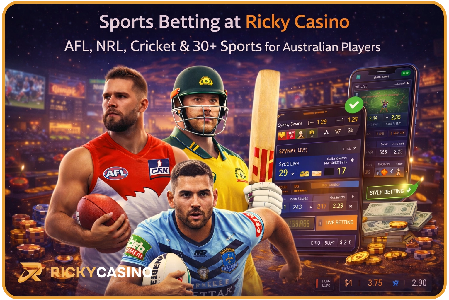 Ricky Casino sports betting Australia — AFL, NRL, cricket and 30+ sports under one account, in-play markets with real-time odds, single wallet for sports and pokies, AUD deposits
