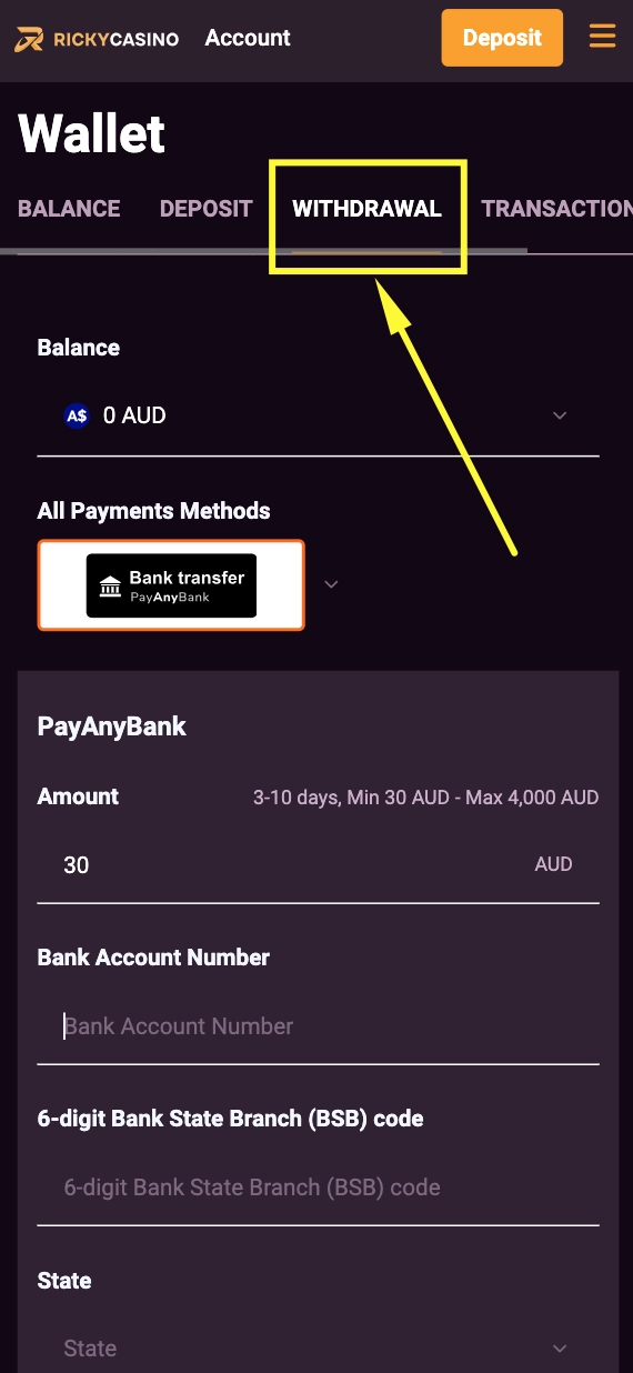 Ricky Casino withdrawal cashier — Wallet menu with Withdrawal tab and payment method grid showing Bitcoin, Dogecoin, Ethereum, Litecoin, USDT and Bank Transfer options