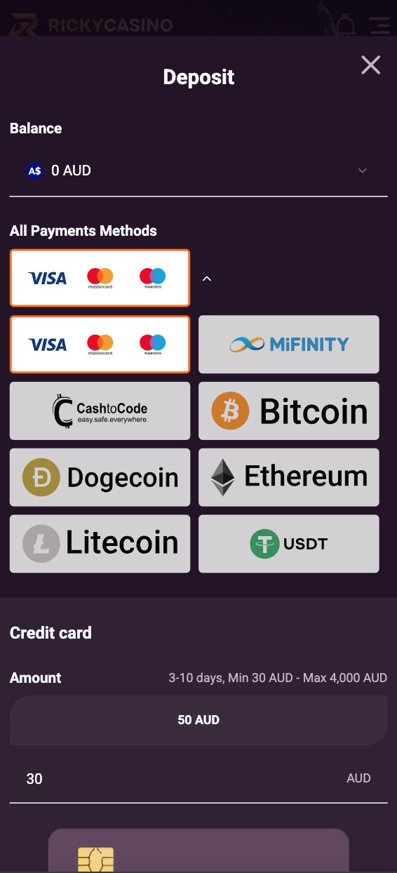 Ricky Casino deposit cashier — payment method selection grid with cards and crypto