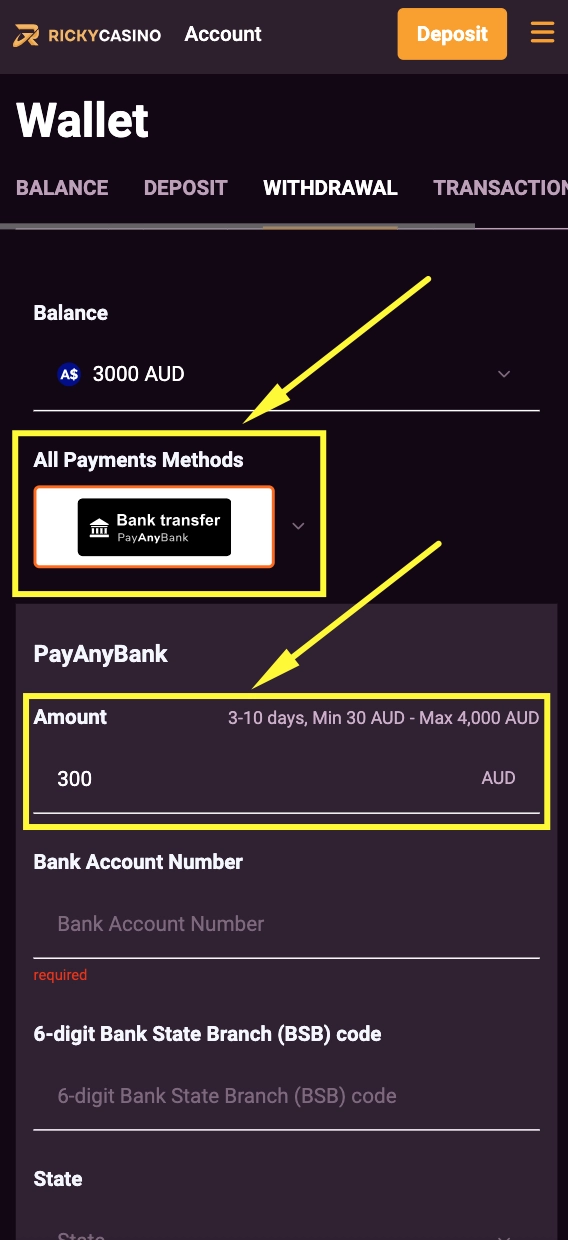 Ricky Casino withdrawal amount field — Bitcoin selected, Min AUD 30 Max AUD 6,000 range displayed, balance shown above