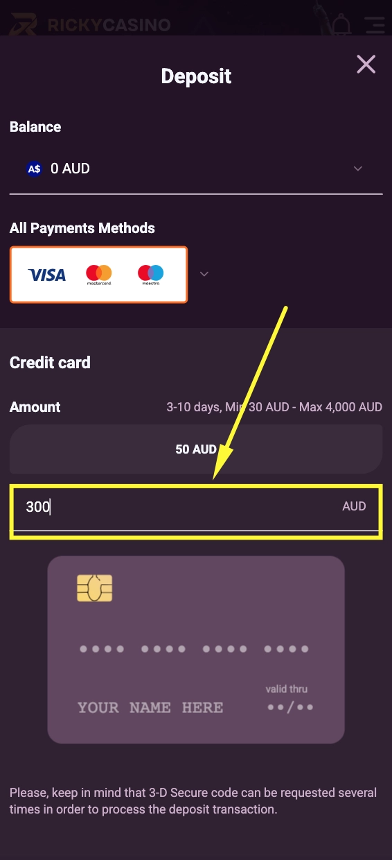 Ricky Casino deposit amount field showing minimum AUD 30 and maximum AUD 4,000 for credit card