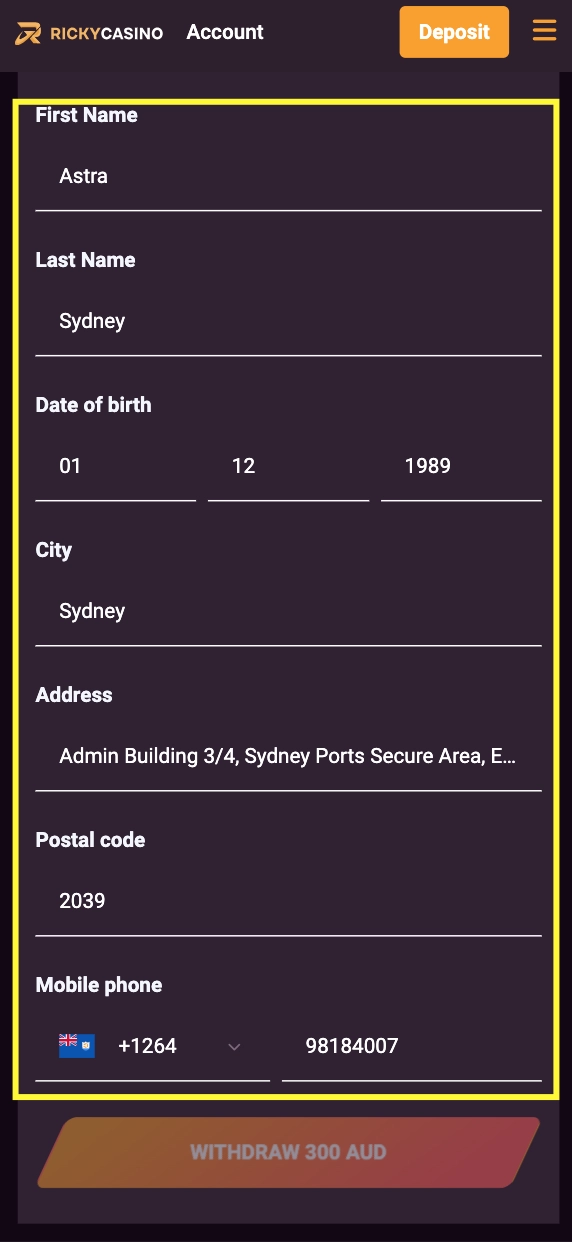 Ricky Casino crypto withdrawal form — wallet address field with warning about incorrect addresses, personal details fields including First Name, Last Name, Date of Birth, City, Address, Postal Code, Mobile Phone