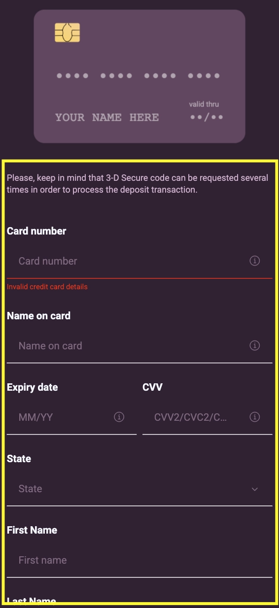 Ricky Casino credit card deposit form — card details and personal information fields required for 3-D Secure