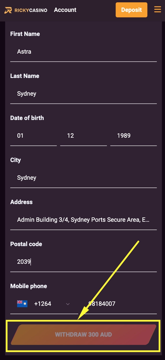 Ricky Casino withdrawal confirmation — Withdraw AUD button and Transactions History status showing pending and processed crypto withdrawal