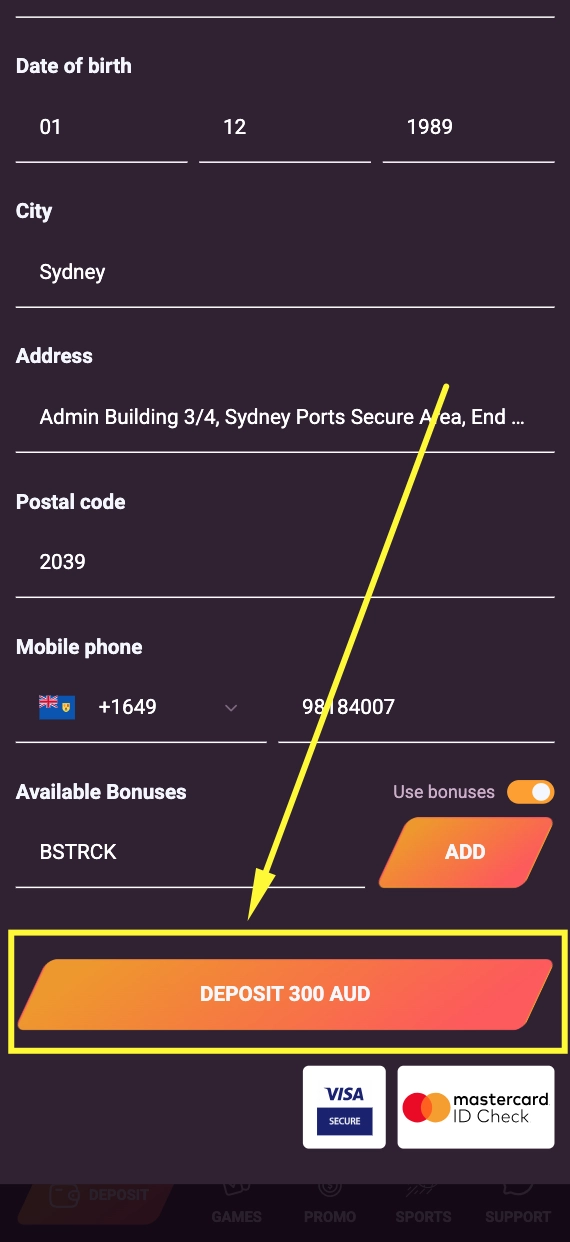 Ricky Casino deposit confirmation — Deposit AUD button and instant balance update after successful transaction