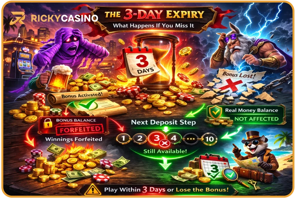 Ricky Casino welcome bonus 3-day expiry — what happens to bonus funds and winnings if wagering is not completed in time