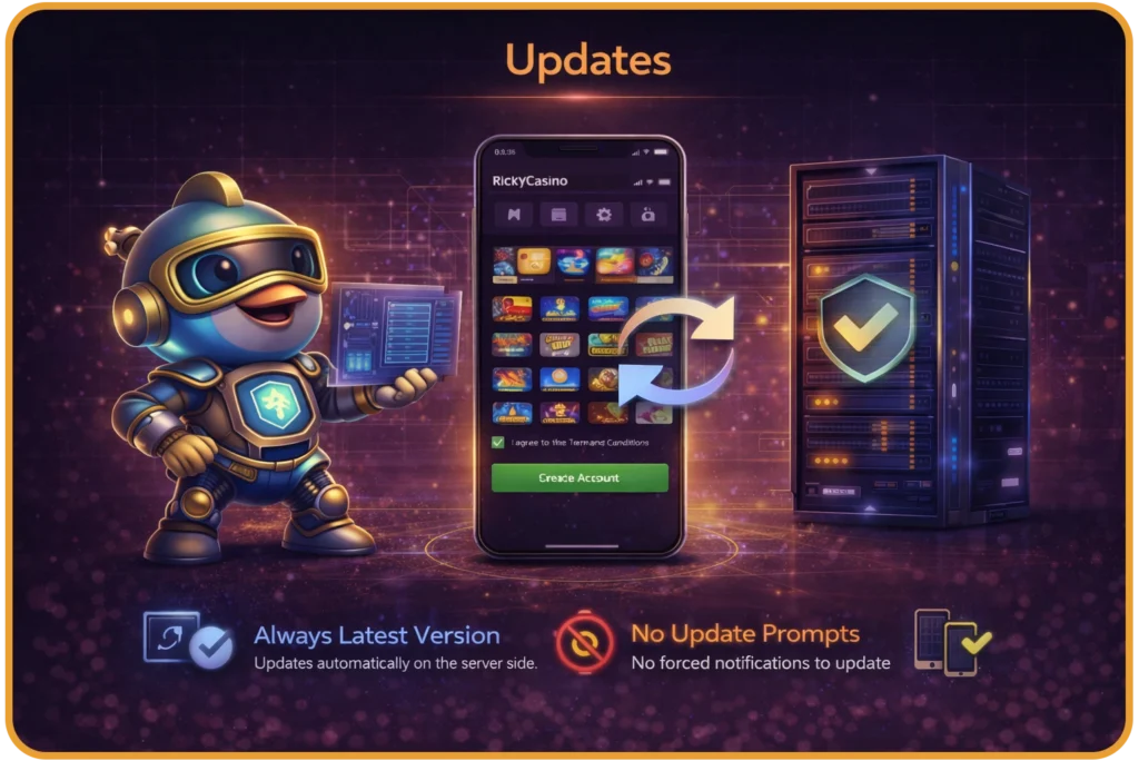 Ricky Casino PWA auto-updates server-side — no manual update required on Android or iOS