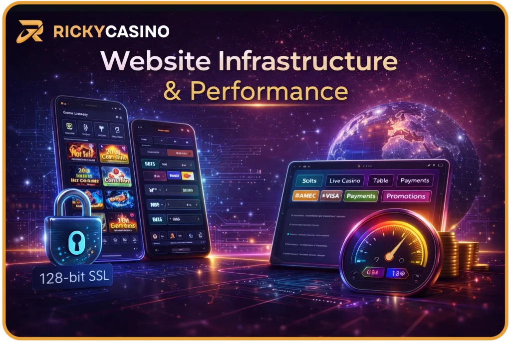 Technical diagram showing Ricky Casino's server, game provider, and user connection infrastructure.