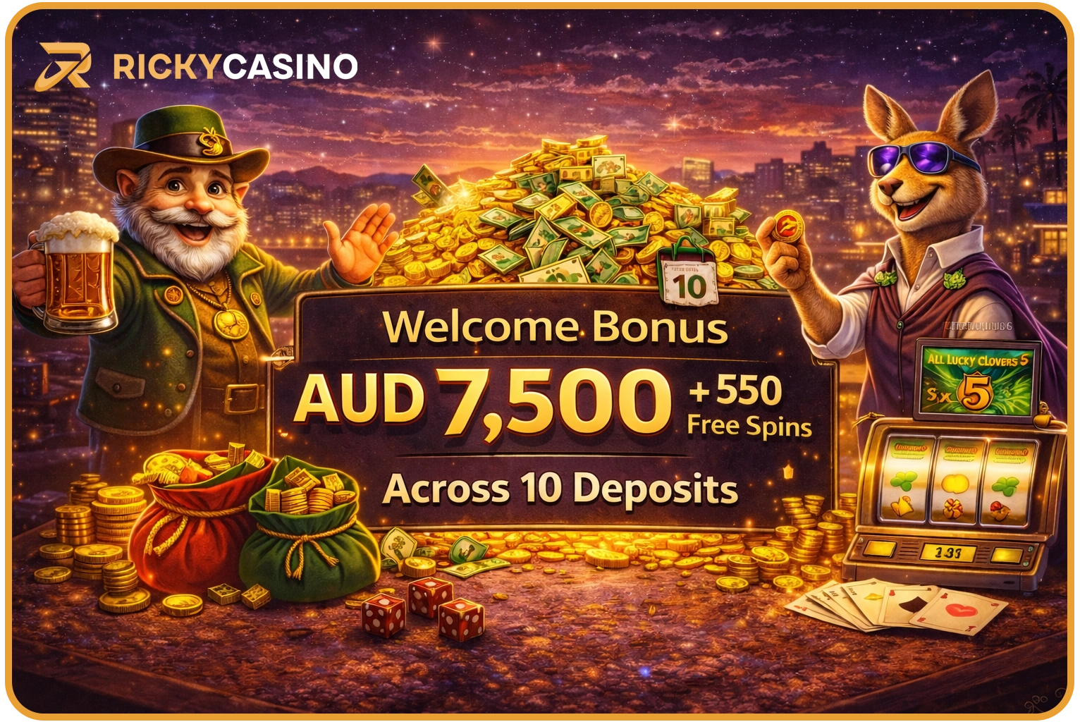 Welcome bonus at Ricky Casino — AUD 7,500 and 550 free spins across 10 deposits for Australian players