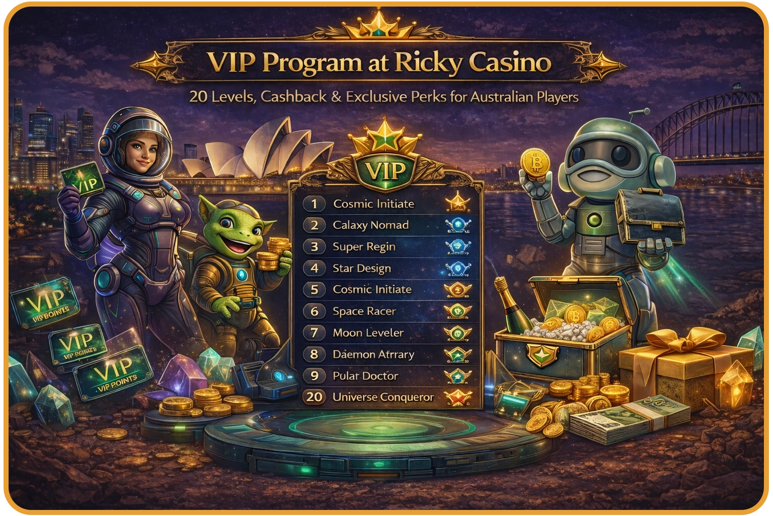 Ricky Casino VIP Program Australia — 20 levels from Cosmic Initiate to Universe Conqueror, weekly cashback up to 52%, free spins and exclusive bonuses for Australian players